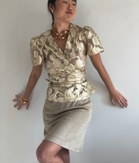 80s sheer gold wrap blouse / vintage gold metallic