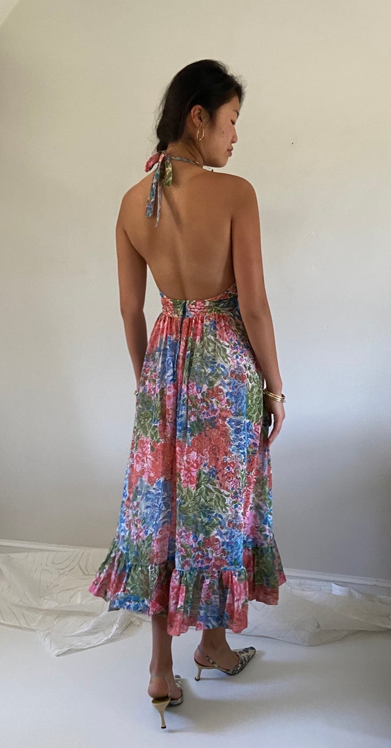 70s backless voile dress / vintage gauzy floral co