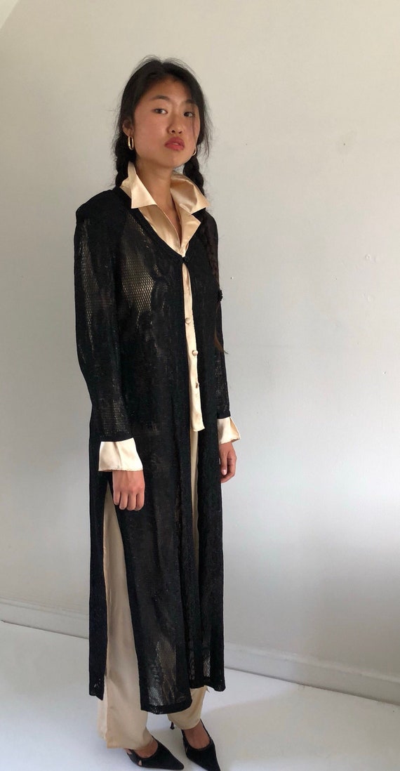 80s Mesh Sheer Black Maxi Duster Sweater Long Black Sheer Jacket Black Glitter Stretch Knit Damianou Maxi Cardigan Xs S M