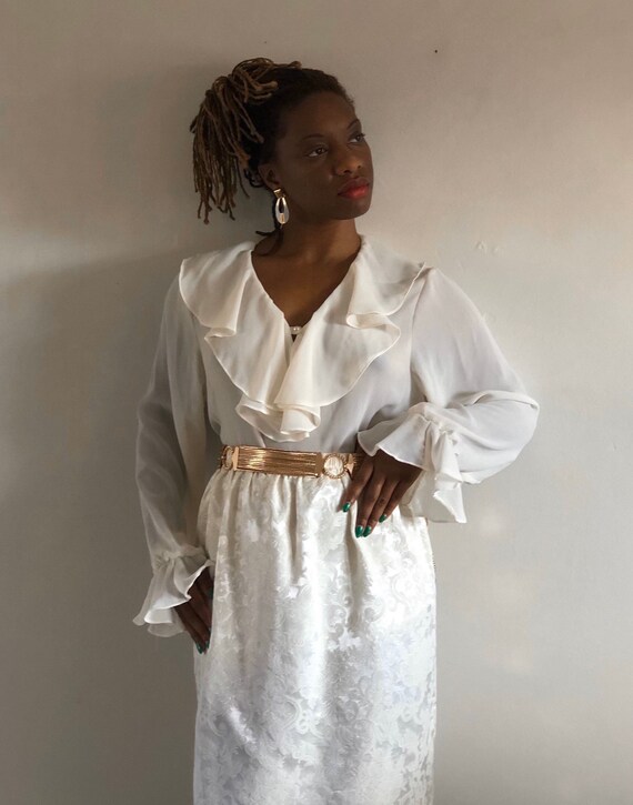 90s sheer ruffle poet blouse / vintage white sheer