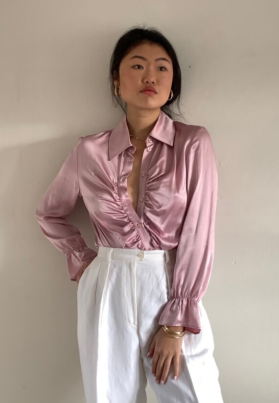 90s silk charmeuse poet blouse / vintage blush pin