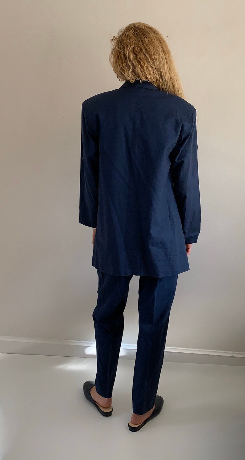 90s linen pant suit / vintage navy blue linen cotton petite Etsy