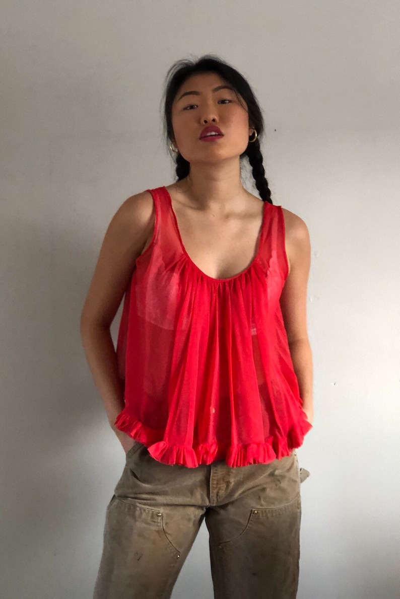 60s sheer babydoll blouse vintage neon red cropped frilly sleeveless swing top sheer red ruffled gathered sleeveless crop top M