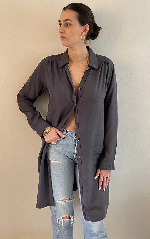 90s silk shirt dress duster / vintage pewter gray 100… Gem