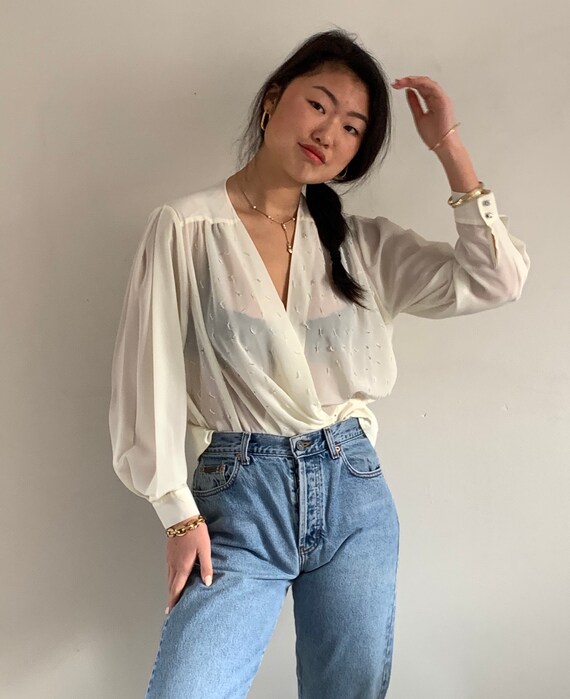 90s wrap blouse / vintage ivory sheer georgette pu