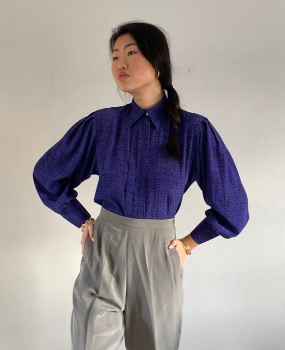 80s balloon sleeve blouse / vintage eggplant print