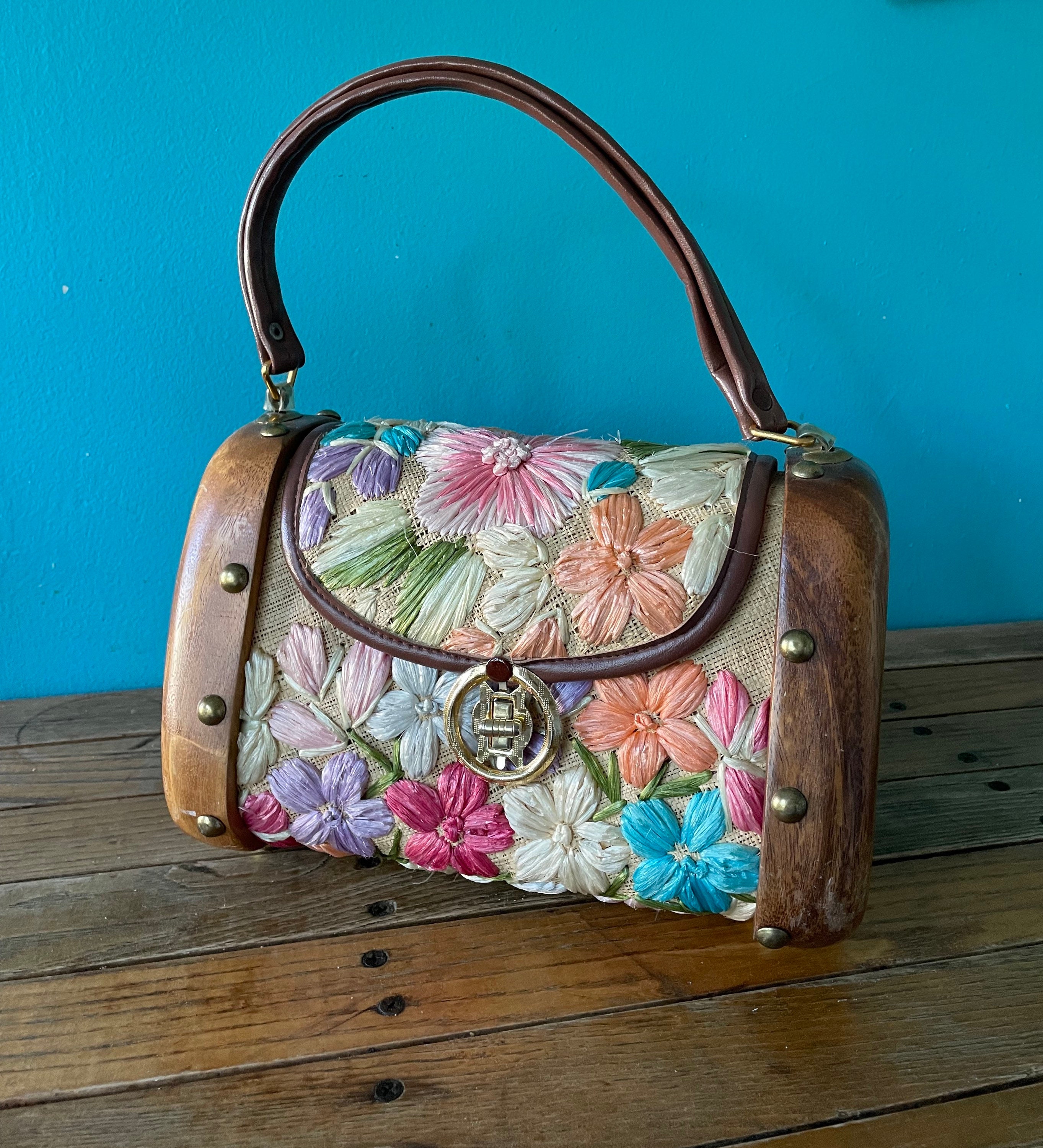 Vintage Clutch Bag Purse Made in Japan Wood Handle Soft Straw Handbag 1950's