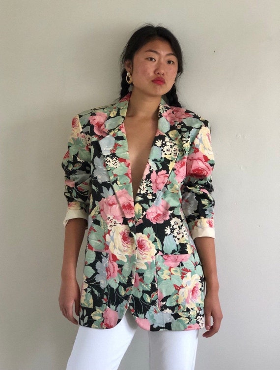 80s floral denim oversized blazer / vintage cotton