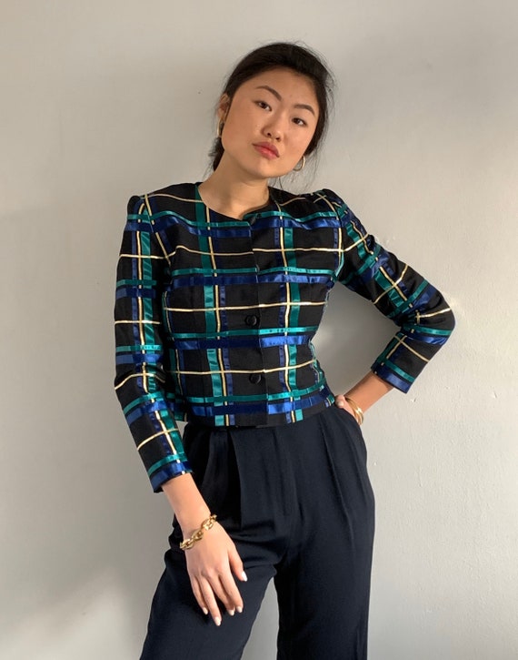 90s ribbon blazer / vintage black cropped satin ri