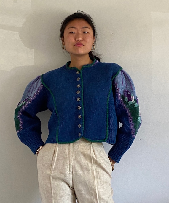 80s rare handknit embroidered puff sleeve sweater