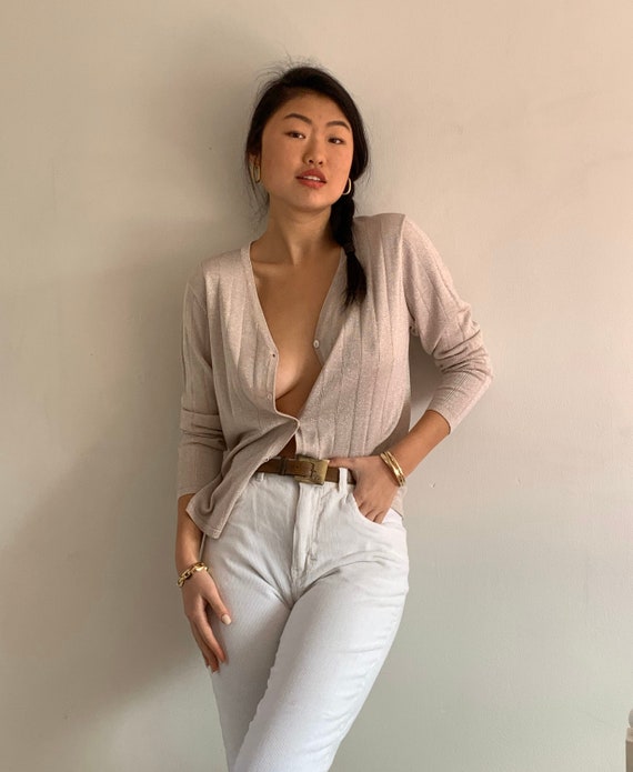 90s silk button front sweater / vintage champagne