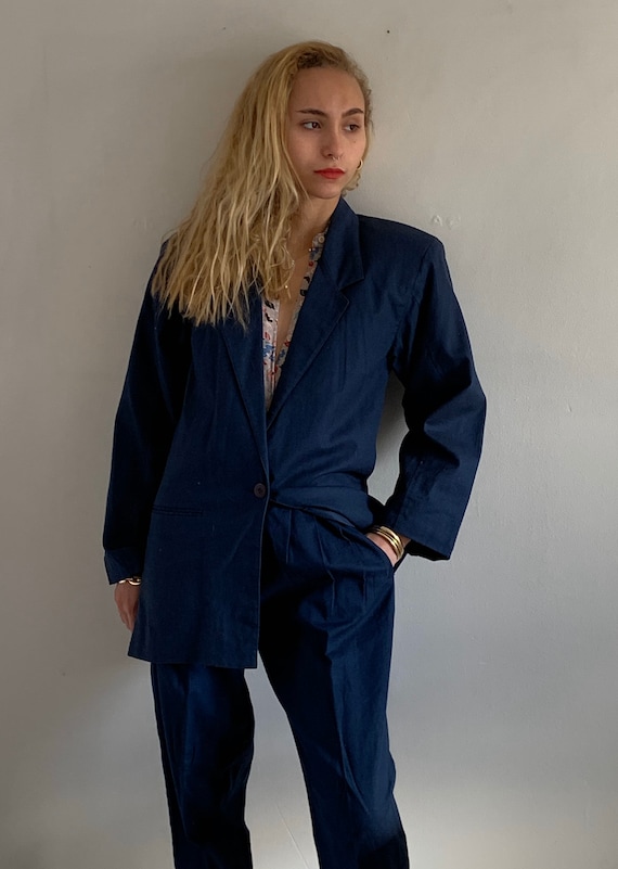 90s linen pant suit / vintage navy blue linen cott