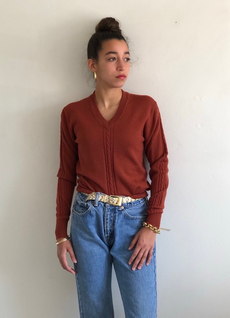 XXS XS 80s wool sweater vintage pure wool terra cotta cable knit v neck sweater rust wool snug cropped deadstock sweater
