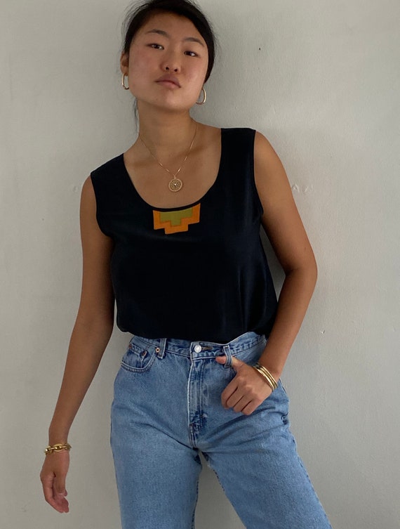 90s silk tank / vintage black silk appliqué sleeve