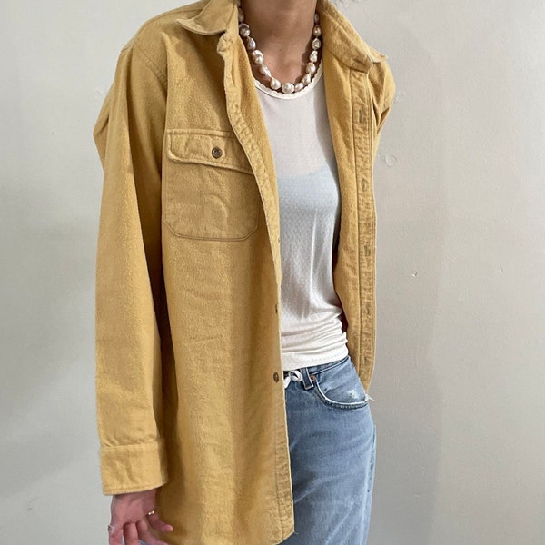70s LL Bean chamois flannel shirt / vintage butter yellow LL Bean cotton flannel chamois oversized boyfriend over shirt shacket | Large