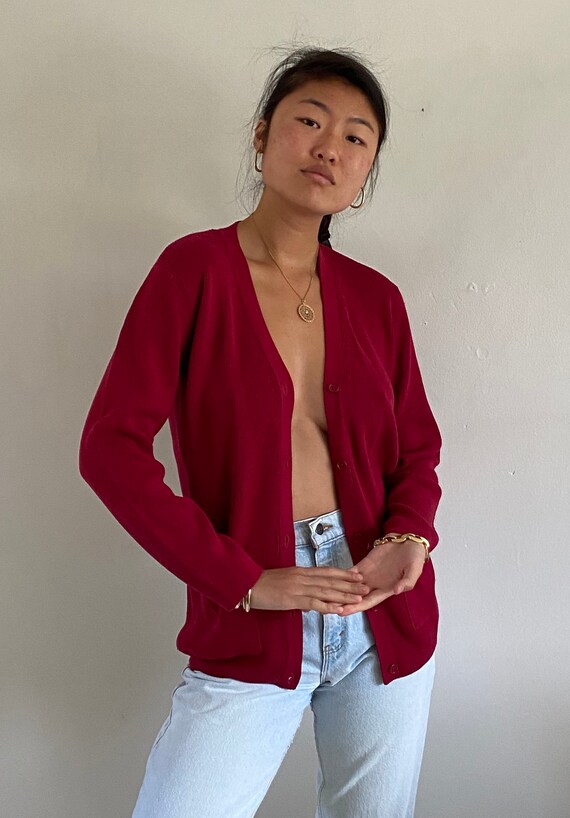 90s silk button front sweater / vintage garnet rib