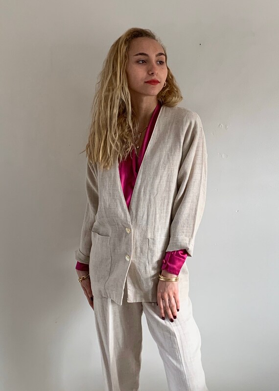 80s linen pant suit / vintage oatmeal woven pure l