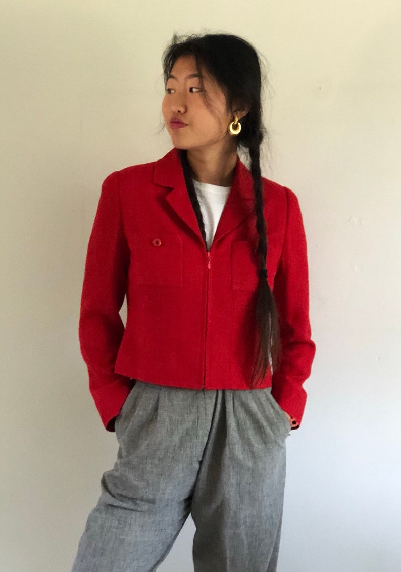 XS S 80s raw silk jacket vintage red raw silk cropped zip front fitted jacket blazer