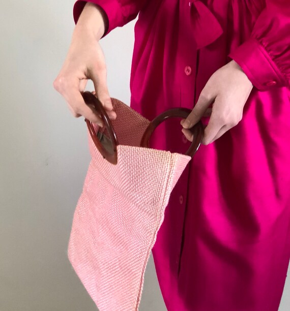 70s bakelite top handle purse / pink woven tapestry e… Gem