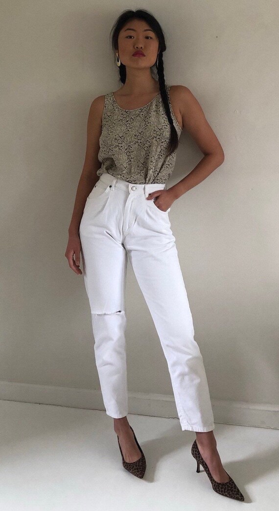 80s white pleated jeans / vintage white denim high
