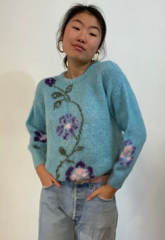 60s hand knit mohair floral sweater / vintage sky