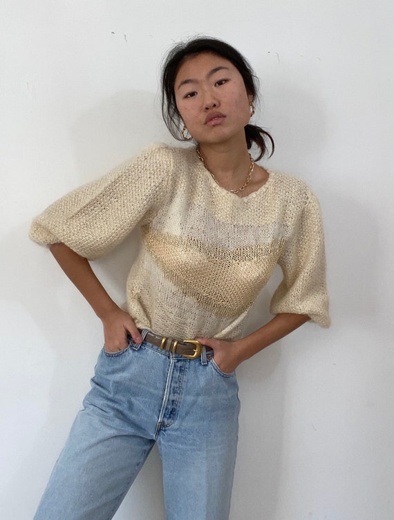 80s hand knit puff sleeve angora sweater / vintage