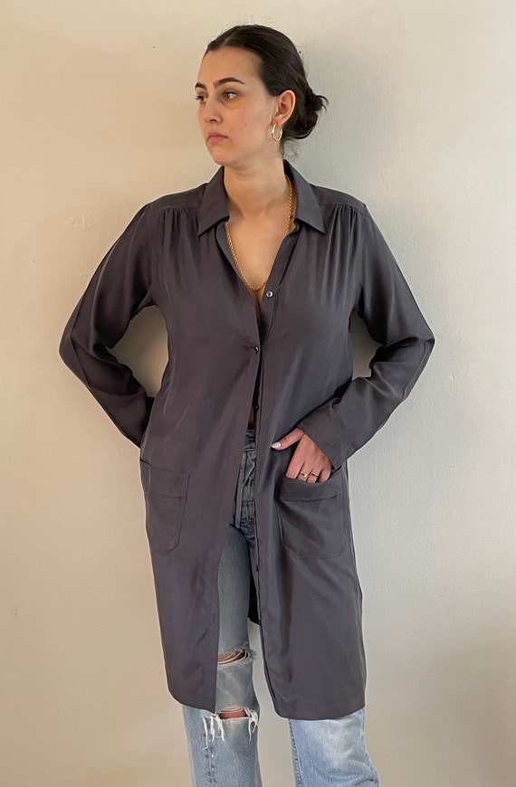 90s silk shirt dress duster / vintage pewter gray 100… Gem