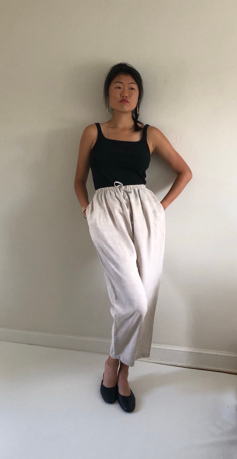 XS S M L 90s linen pants vintage high waisted ecru oatmeal woven linen drawstring elastic waist easy lounge baggy pants