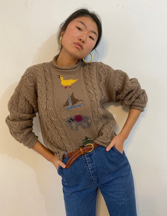 90s hand knit folklore sweater / vintage camel woo