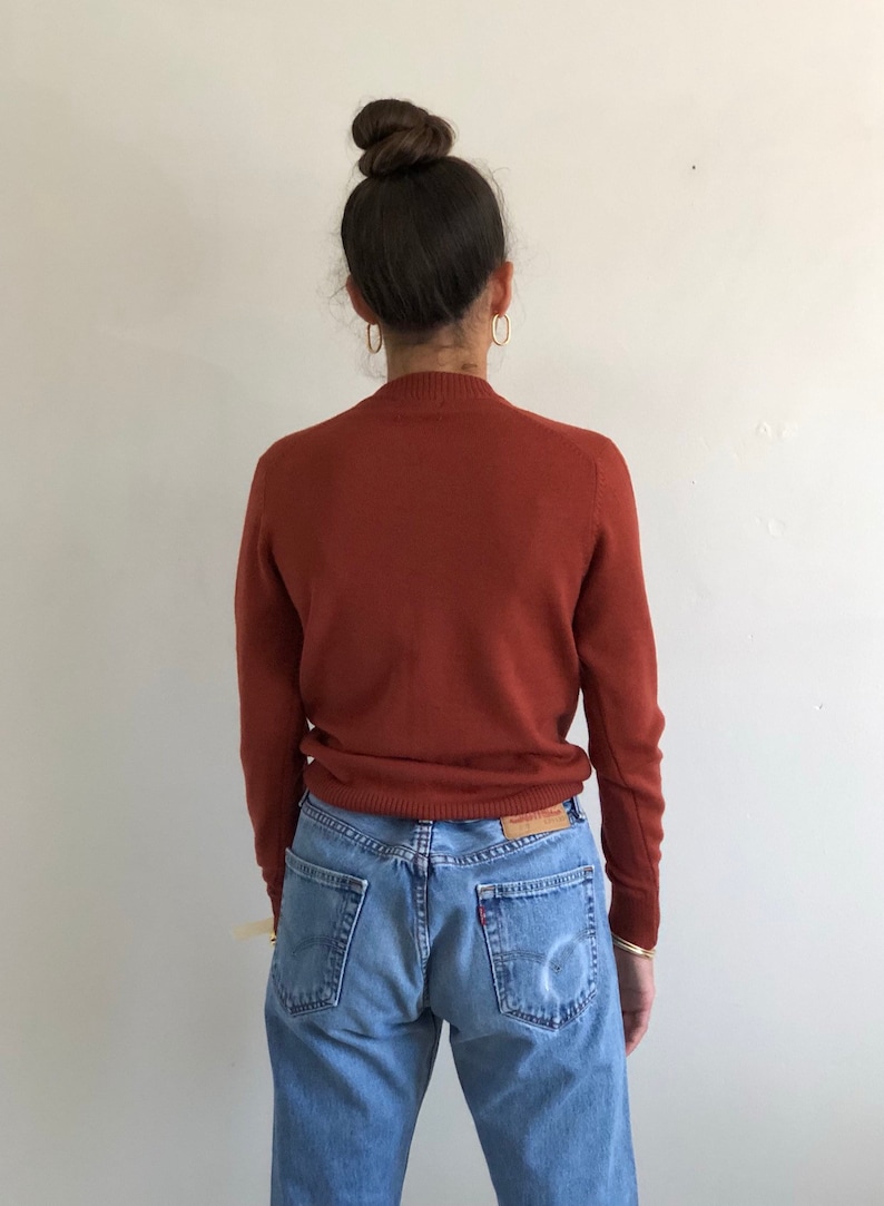 XXS XS 80s wool sweater vintage pure wool terra cotta cable knit v neck sweater rust wool snug cropped deadstock sweater