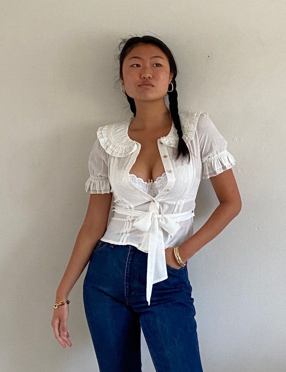 90s puffed sleeve pan collar blouse / vintage whit