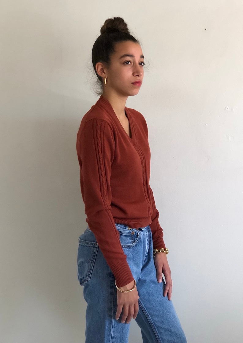 XXS XS 80s wool sweater vintage pure wool terra cotta cable knit v neck sweater rust wool snug cropped deadstock sweater