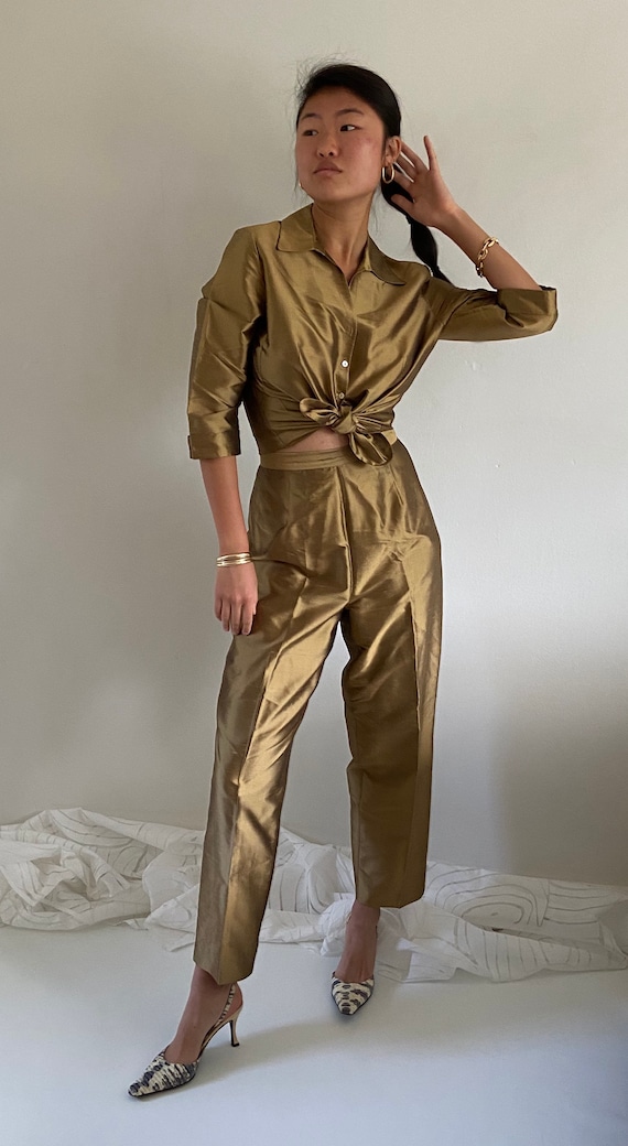 90s silk pant suit set / vintage bronze gold 100%