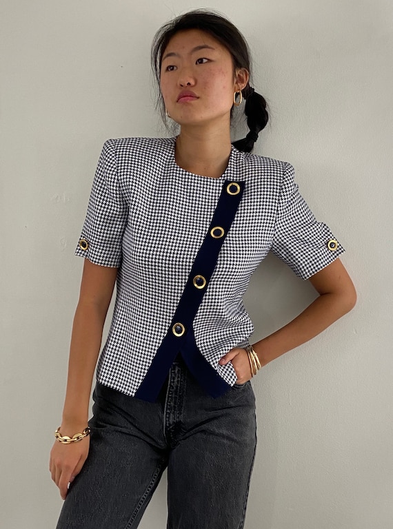 90s houndstooth asymmetric blazer / vintage navy b