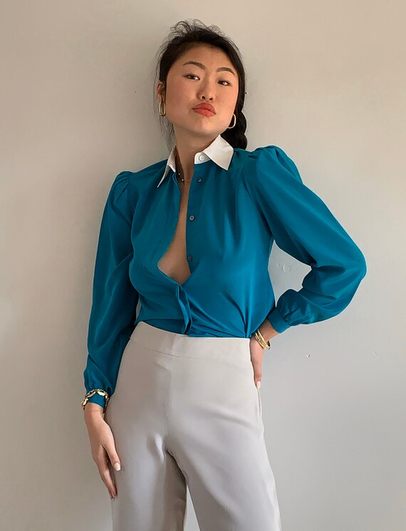 80s puff sleeve blouse / vintage teal puff sleeve