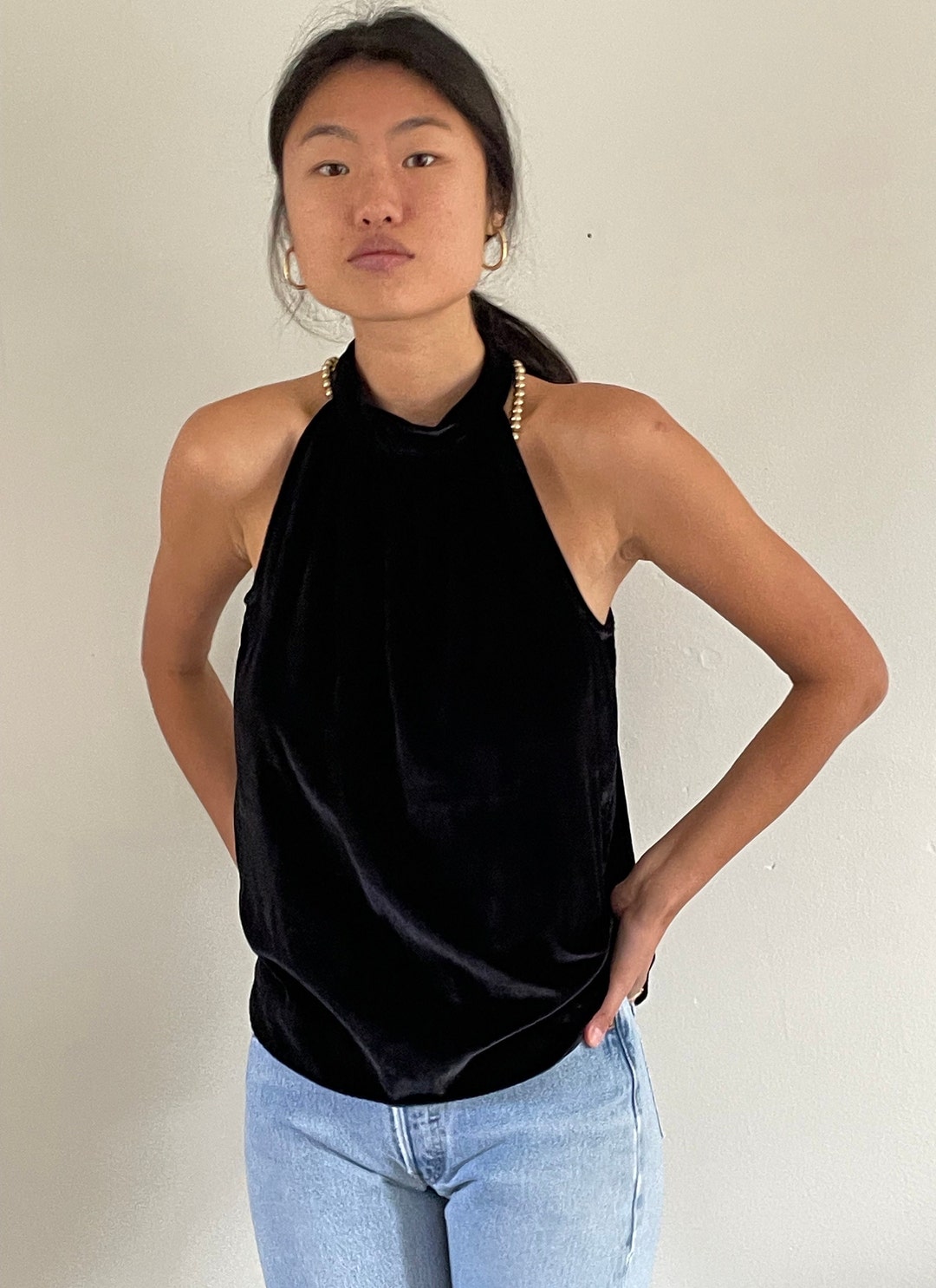 Vintage 1950s Black Red Velvet Halter Top + Pants | XS/S