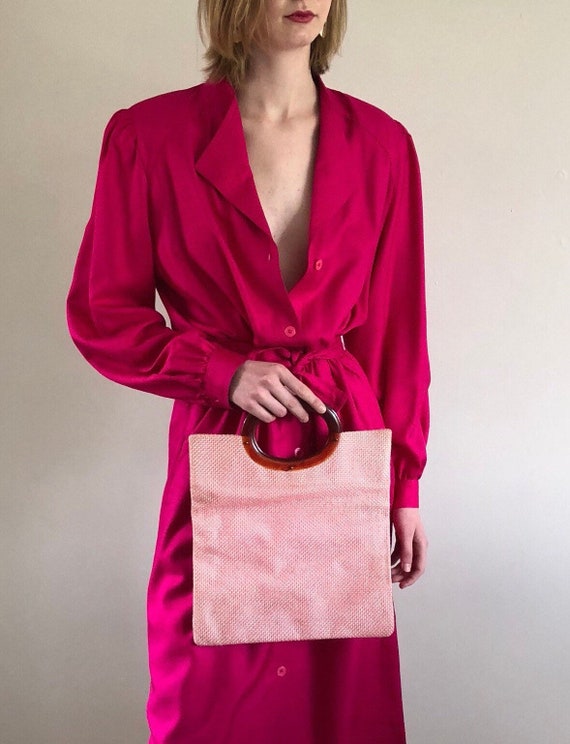 70s bakelite top handle purse / pink woven tapestry e… Gem