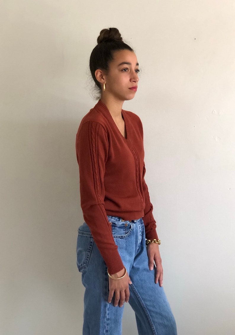 XXS XS 80s wool sweater vintage pure wool terra cotta cable knit v neck sweater rust wool snug cropped deadstock sweater