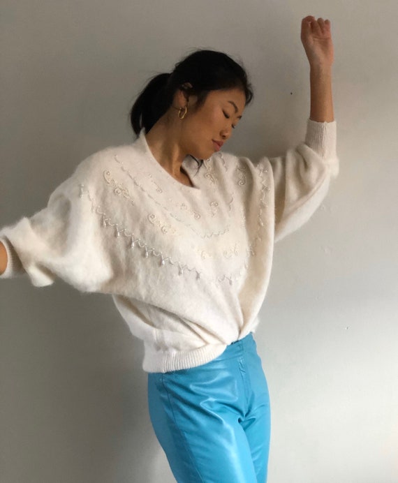 90s angora batwing beaded sweater / vintage white