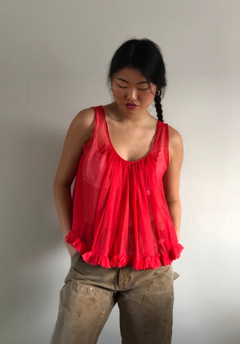 60s sheer babydoll blouse vintage neon red cropped frilly sleeveless swing top sheer red ruffled gathered sleeveless crop top M