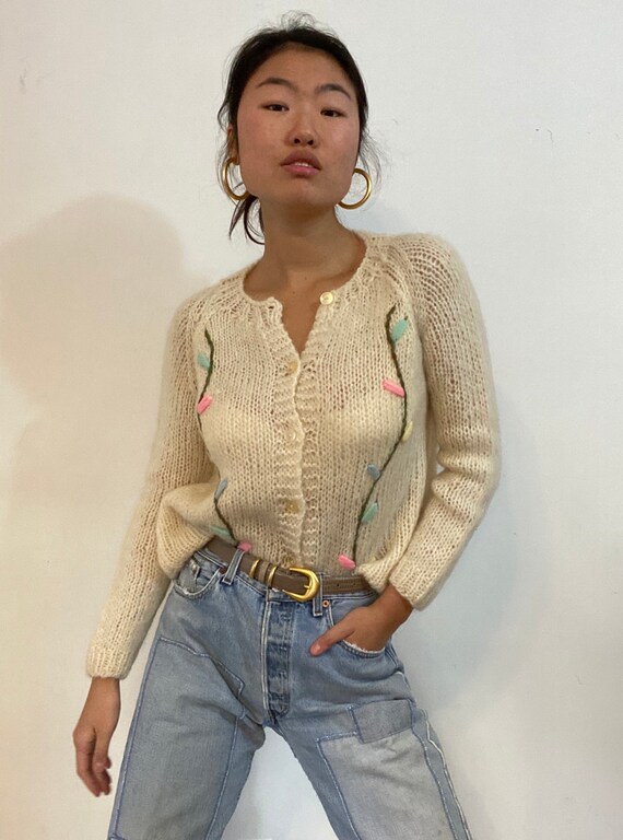 50s Italian mohair hand knit floral sweater / vint