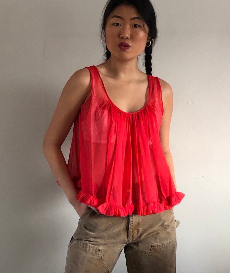 60s sheer babydoll blouse vintage neon red cropped frilly sleeveless swing top sheer red ruffled gathered sleeveless crop top M
