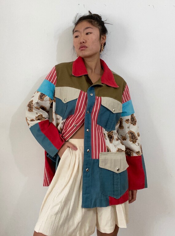 70s patchwork quilt chore coat / hand made vintage