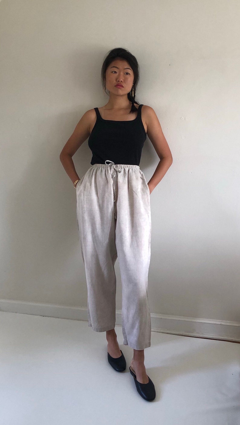 XS S M L 90s linen pants vintage high waisted ecru oatmeal woven linen drawstring elastic waist easy lounge baggy pants