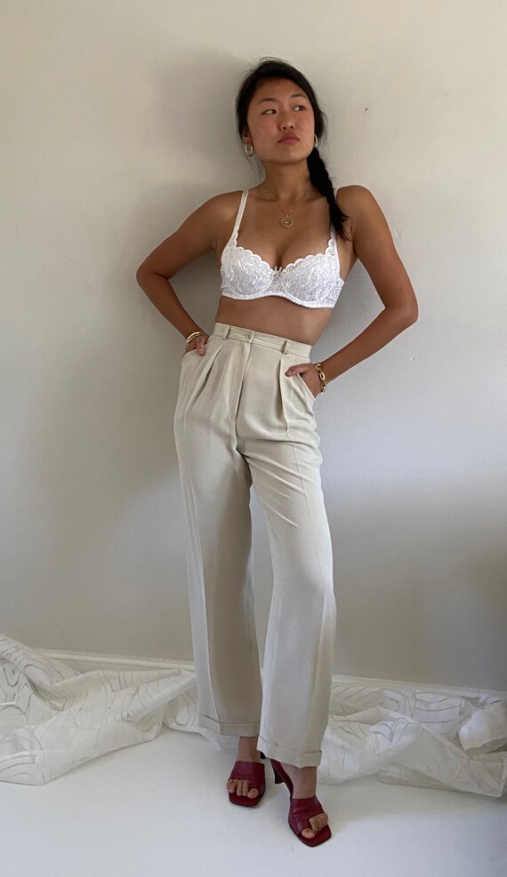 90s silk pants / vintage ivory stone pure silk ple