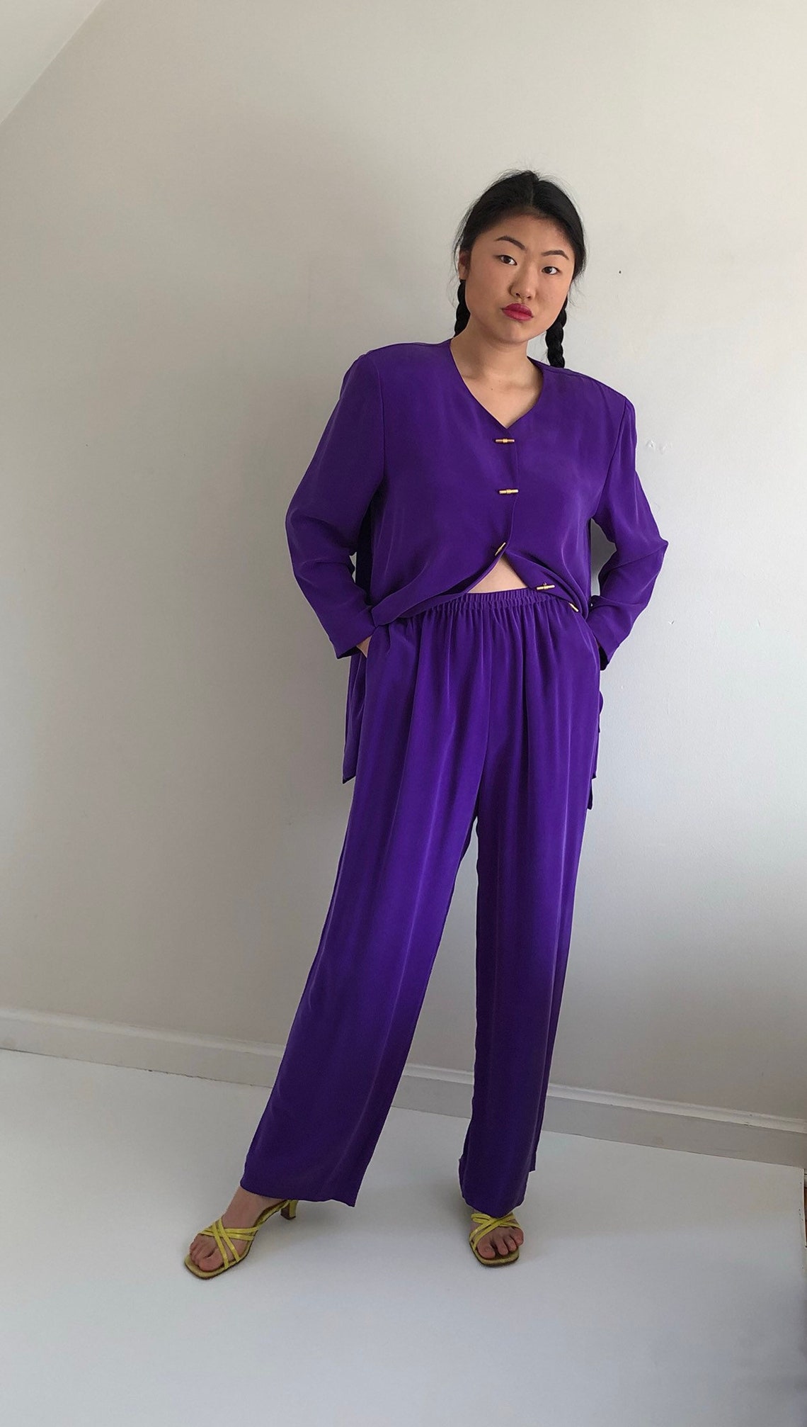 90s silk loungewear pant suit / vintage grape purple sand | Etsy