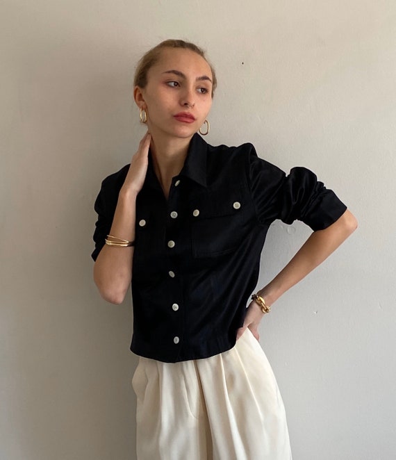 90s silk + cotton cropped blouse / vintage black c