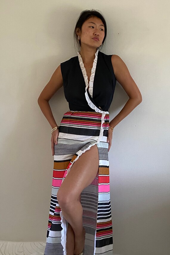 70s wrap dress / vintage sheer cotton organza stri