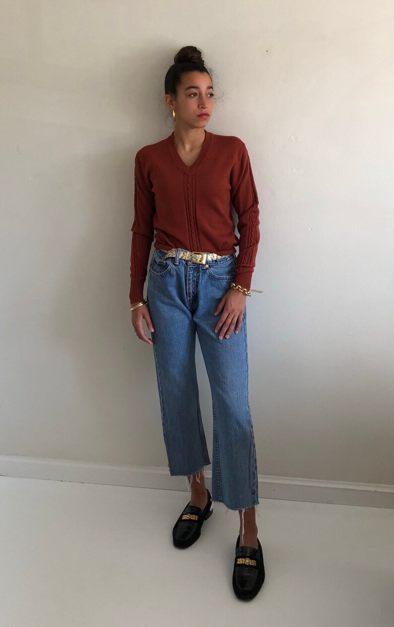 XXS XS 80s wool sweater vintage pure wool terra cotta cable knit v neck sweater rust wool snug cropped deadstock sweater