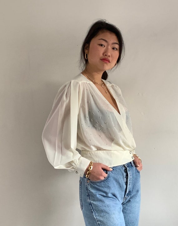80s sheer cropped wrap blouse / vintage ivory shee